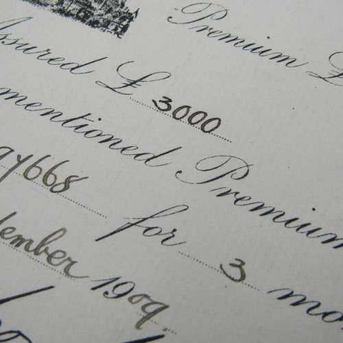 Receipt Norwick Union Life Insurance Society - premium of 11-0-6 paid on 3000 pound policy in 1909