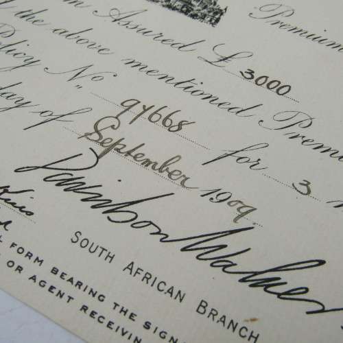 Receipt Norwick Union Life Insurance Society - premium of 11-0-6 paid on 3000 pound policy in 1909