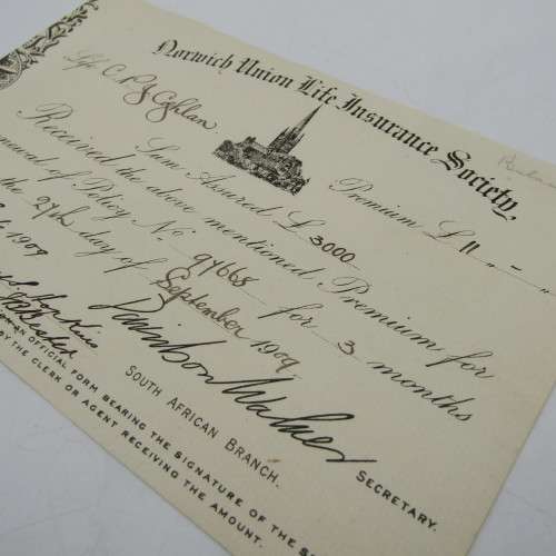 Receipt Norwick Union Life Insurance Society - premium of 11-0-6 paid on 3000 pound policy in 1909