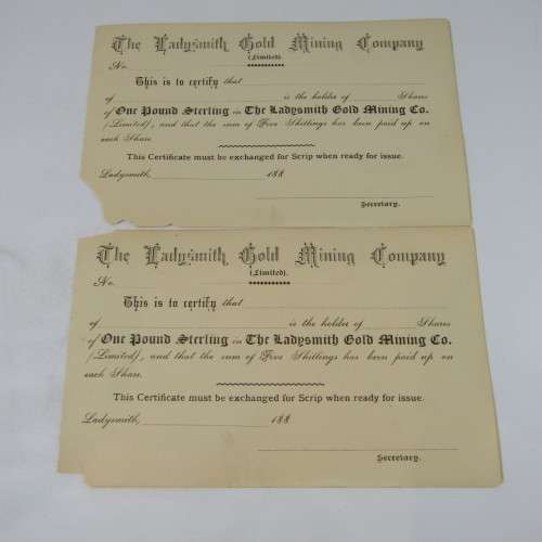 Lot of 8 unused Ladysmith Gold Mining Company share certificates - most with paper damage