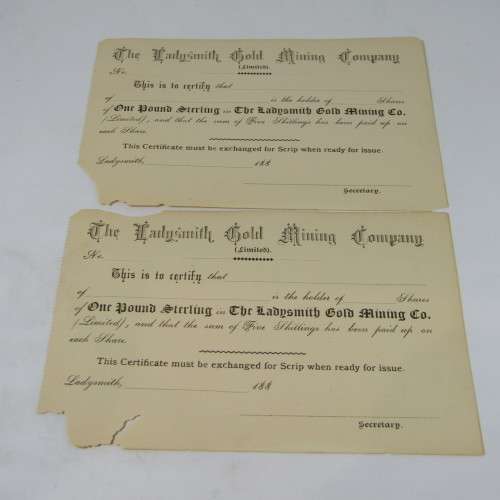 Lot of 8 unused Ladysmith Gold Mining Company share certificates - most with paper damage