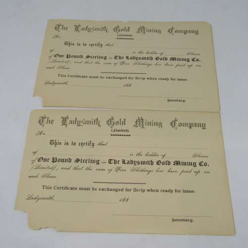 Lot of 8 unused Ladysmith Gold Mining Company share certificates - most with paper damage