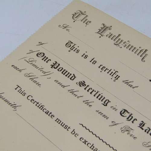 Lot of 8 unused Ladysmith Gold Mining Company share certificates - most with paper damage