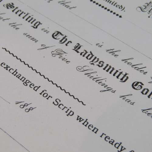 Lot of 8 unused Ladysmith Gold Mining Company share certificates - most with paper damage