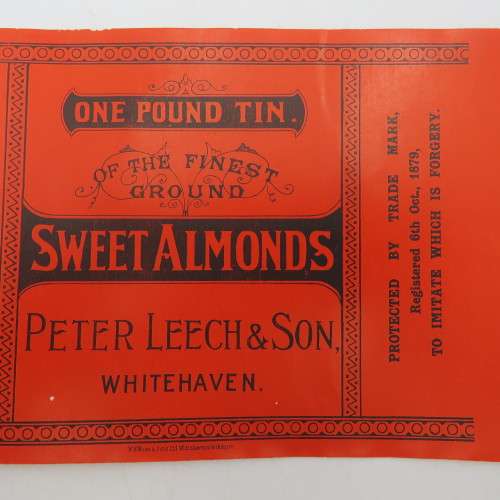 Antique Peter Leech and Son Sweet Almonds - one pound tin label