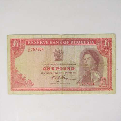 1968 Rhodesia One Pound bank note - 14 October 1968 - K27 757504