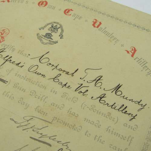 1895 Promotion certificate for TA Mundy to the rank Corporal and Sergeant