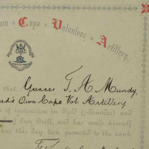 1895 Promotion certificate for TA Mundy to the rank Corporal and Sergeant
