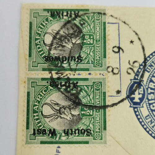 Kolmannskop cancellation on 2 pairs of South Africa half penny springbok stamps