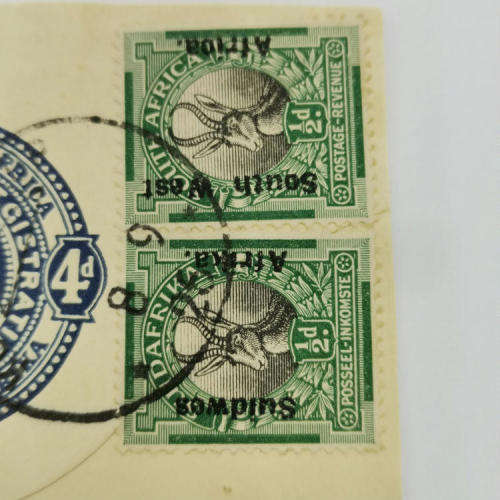 Kolmannskop cancellation on 2 pairs of South Africa half penny springbok stamps