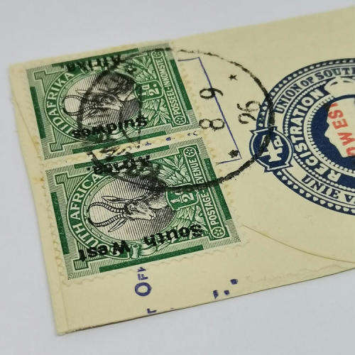 Kolmannskop cancellation on 2 pairs of South Africa half penny springbok stamps