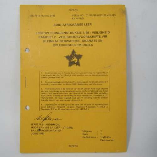 South African Army. Safety training instruction manual - Afrikaans