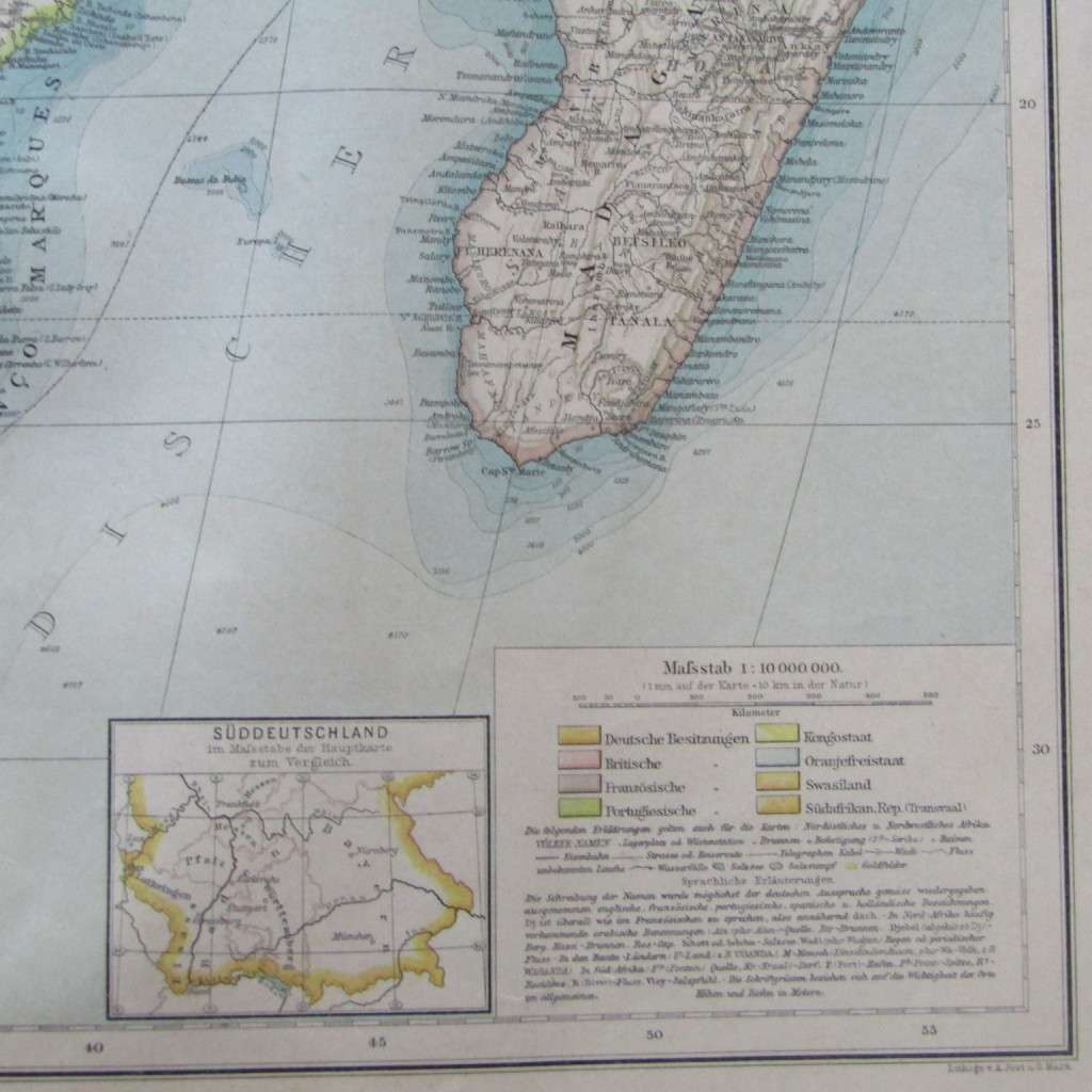1901 Map of Southern Africa on A2 - 1 : 10 000 000 scale