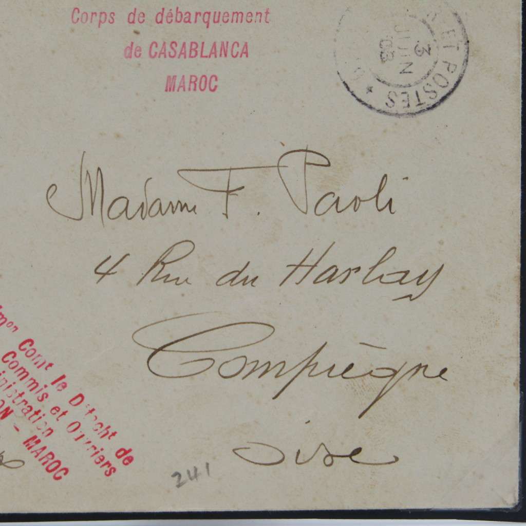 1908 Morocco Soldier`s letter to Compiegne with 2 front rubber stamps
