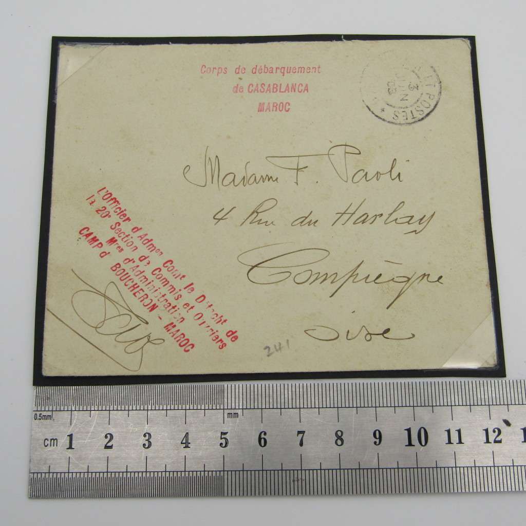 1908 Morocco Soldier`s letter to Compiegne with 2 front rubber stamps