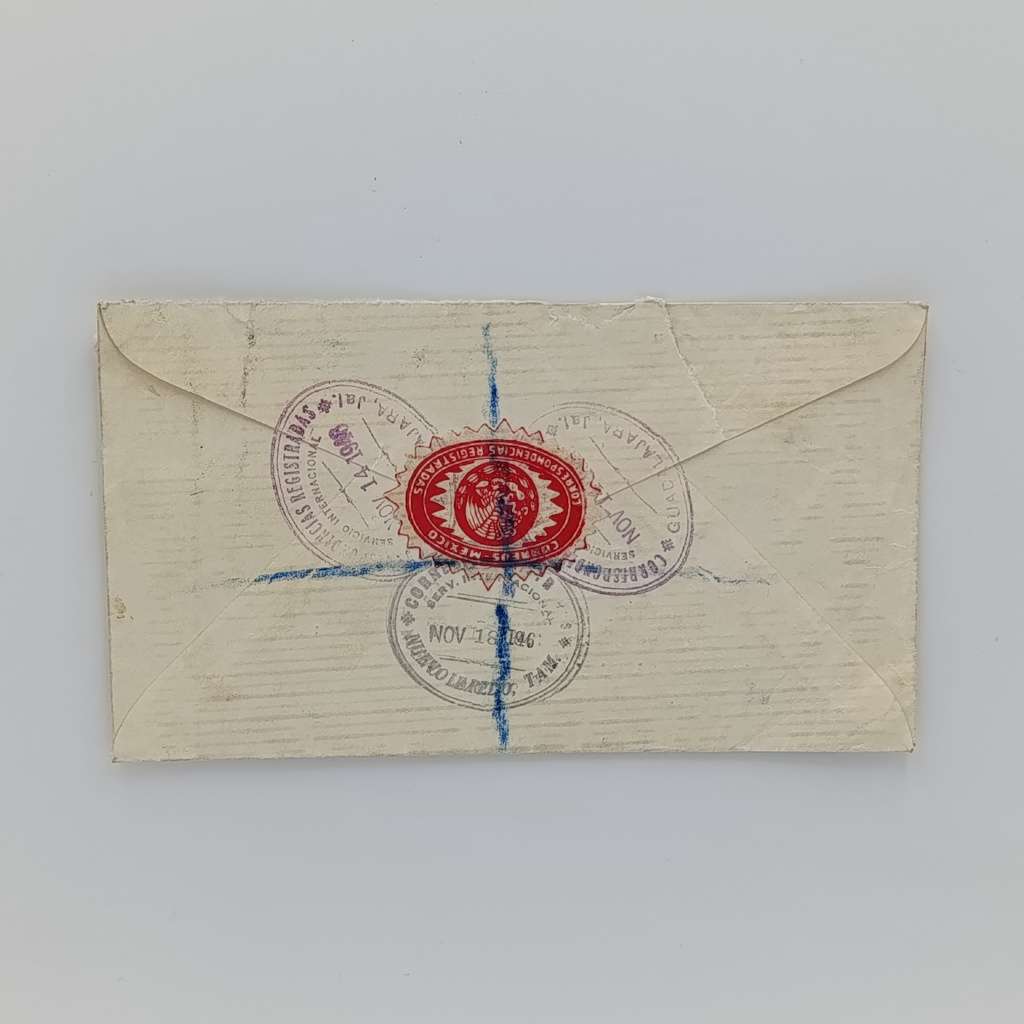 Registered cover sent from Mexico to London, England Nov 1946 with 4 Mexican stamps