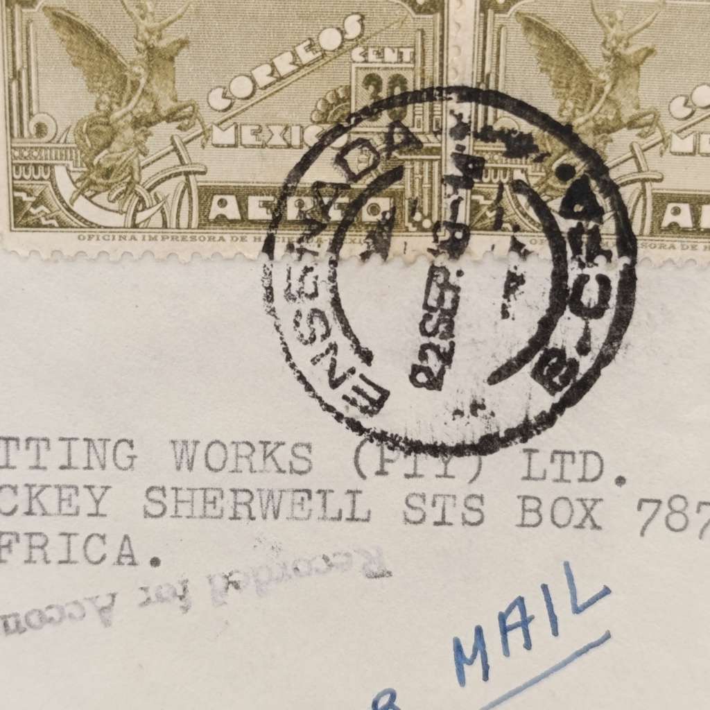 Airmail cover Mexico to South Africa Pair of Mexican 30 cent stamps cancelled 22 September