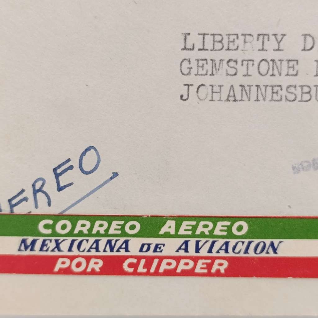 Airmail cover Mexico to South Africa Pair of Mexican 30 cent stamps cancelled 22 September