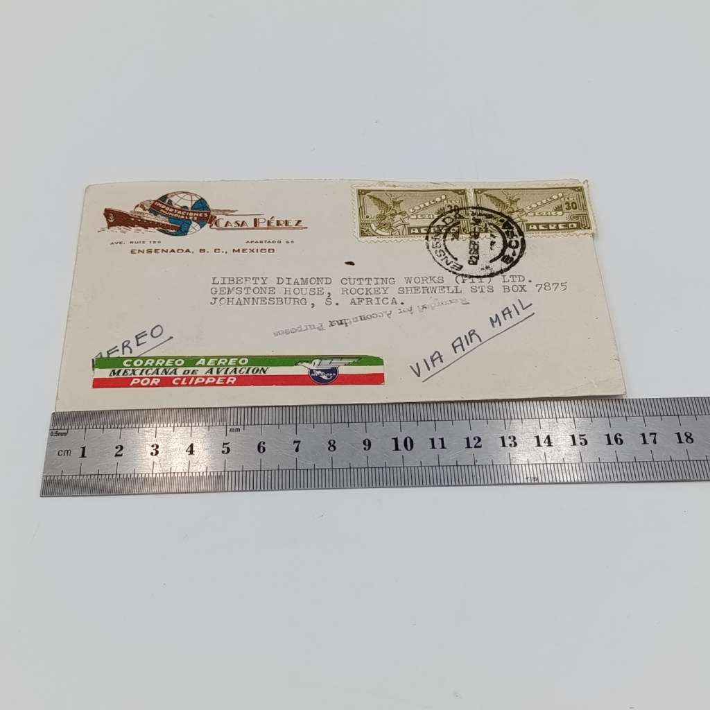 Airmail cover Mexico to South Africa Pair of Mexican 30 cent stamps cancelled 22 September