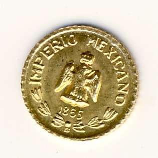 1865 Small Mexican gold coin "B" mintmark in AU+