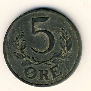 Denmark 1954 zinc 5 ore VF