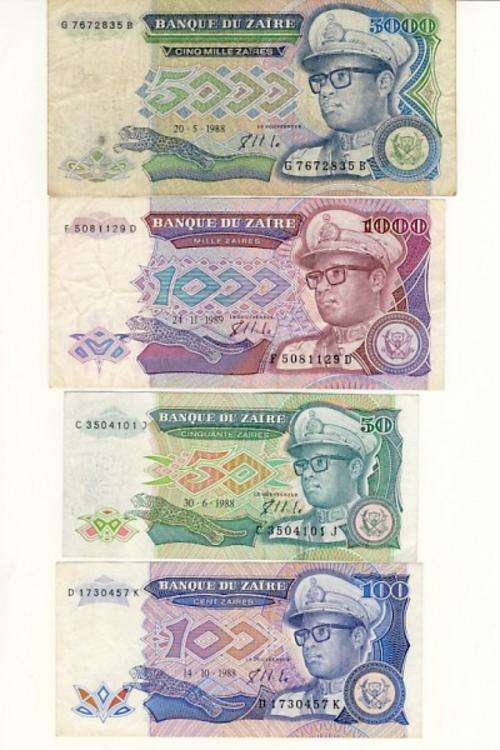 Zaire Lot of 4 banknotes 50, 100, 1000 & 5000 Zaires (1988 &1989)