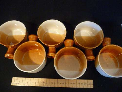 Six Soup Bowls with Handle - One with small chip