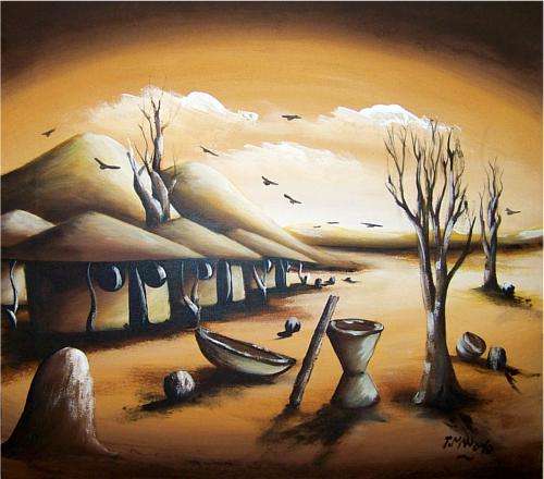 Framed Original T-MAN African Village Painting