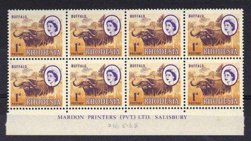 Rhodesia 1966~1970 1d Mardon Printing Imprint block of 8
