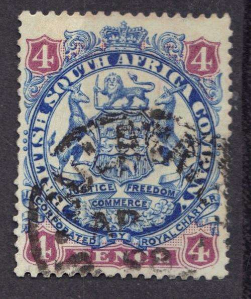 1896 British South Africa Company BSAC Rhodesia Large Arms 4d Blue & Mauve NO DOT