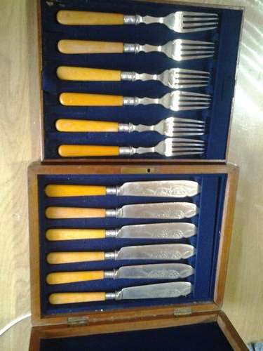 Set of 6 bone Handle cutlery with wooden case