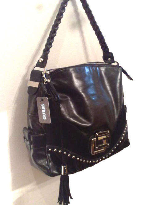 Rare GUESS Handbag - Large Patent Black & Silver Leather