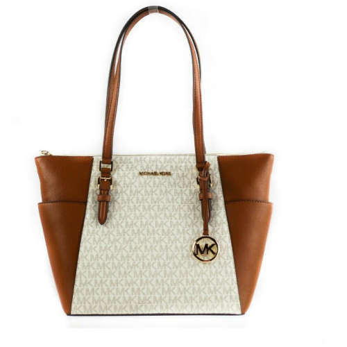 MICHAEL KORS  Charlotte Signature Leather Large Top Zip Tote Handbag Bag (Vanilla)