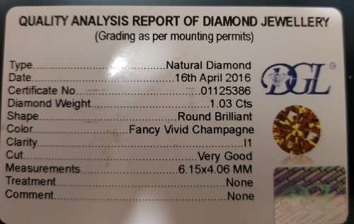 BEAUTIFUL 1.03CT  FANCY VIVID CHAMPAGNE DIAMOND - WITH CERTIFICATE