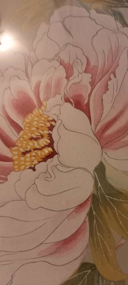 Oriental silk painting of a peony on silk - signed and stamped