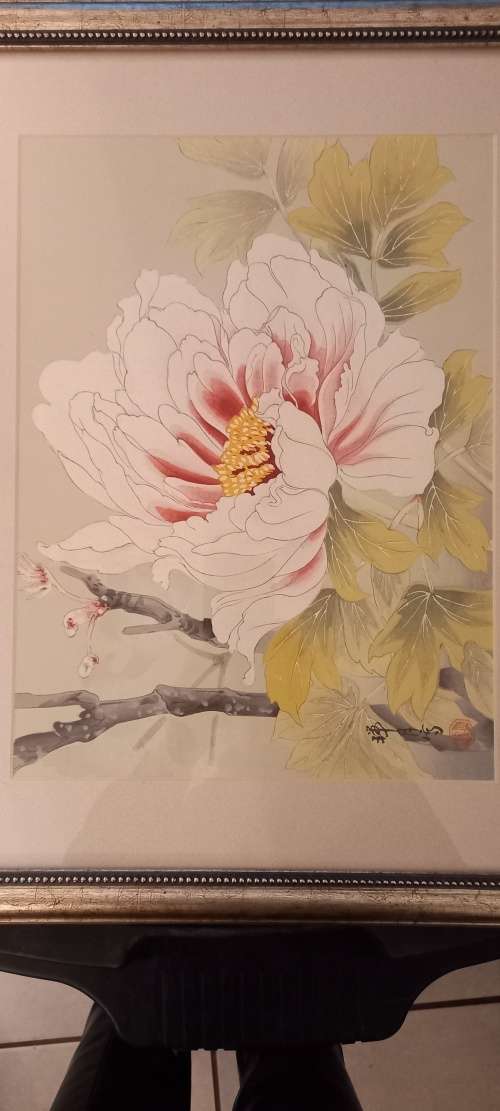 Oriental silk painting of a peony on silk - signed and stamped