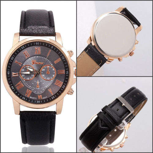 New fashion Geneva platinum women leather band stainless steel quarts analog wrist Watch
