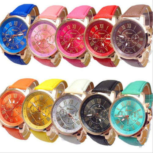 New fashion Geneva platinum women leather band stainless steel quarts analog wrist Watch