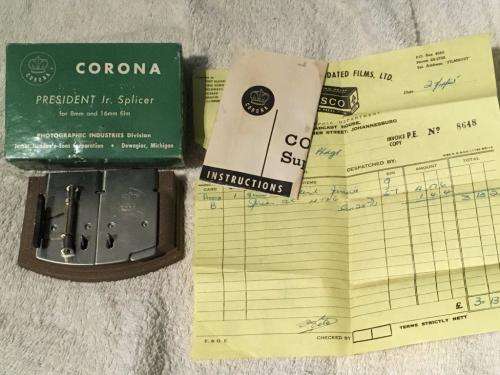 Vintage Corona President Jr Splicer for 8mm & 16mm Film Boxed with original invoice 1955