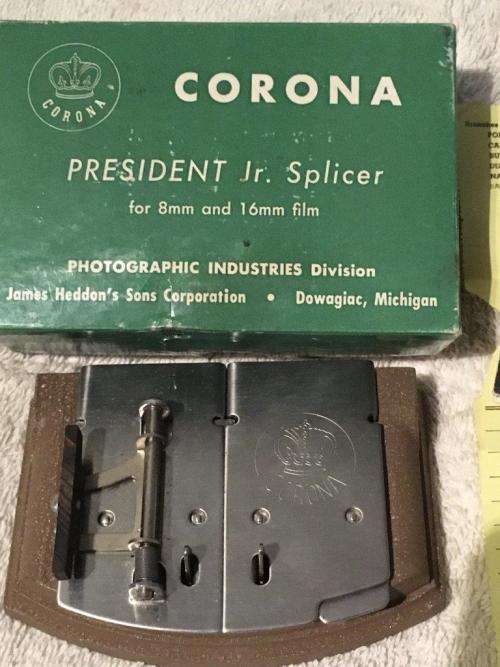 Vintage Corona President Jr Splicer for 8mm & 16mm Film Boxed with original invoice 1955