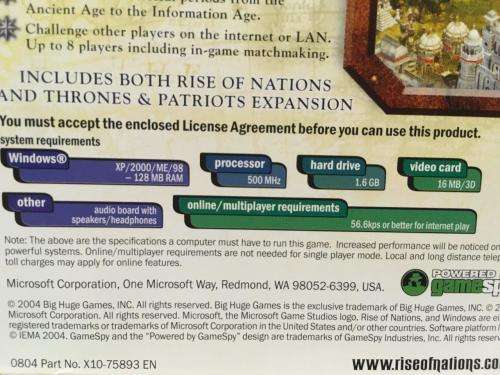 PC - Rise of Nations + Thrones and Patriots add on - Gold Edition