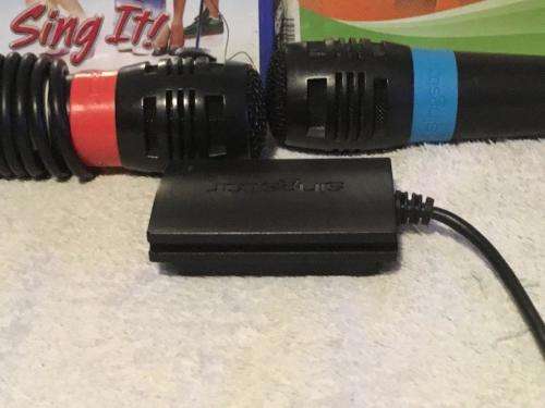 PS2 - Official Sony Singstar Microphones with USB adaptor + Singstar Popworld & HSM Sing it