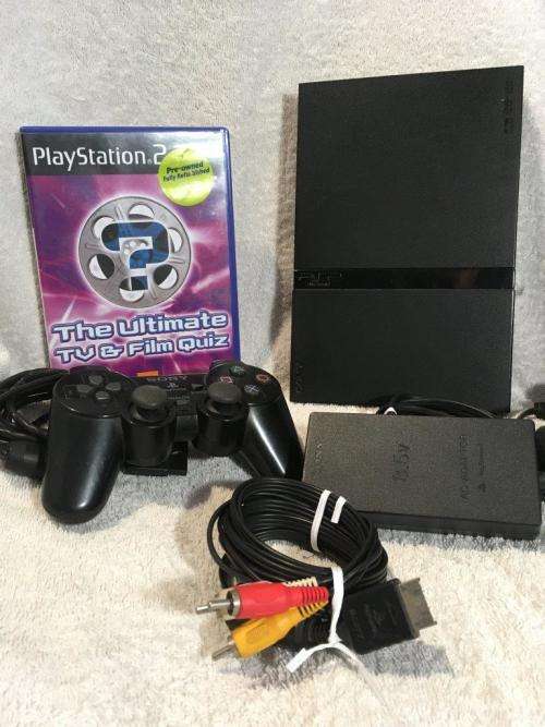 Playstation 2 - Black Slim Line Console c/w 1 x Original Controller, AV Cable PSU & 1 x Game