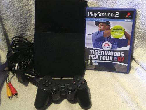 Playstation 2 - Black Slim Line Console c/w 1 x New Generic Controller, AV + Power Cable 1 x Game
