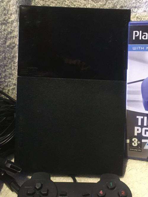 Playstation 2 - Black Slim Line Console c/w 1 x New Generic Controller, AV + Power Cable 1 x Game