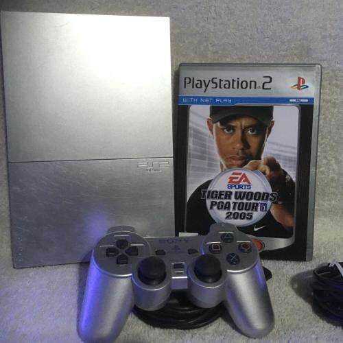 Playstation 2 - Silver Slim Line Console c/w 1 x Original Controller, AV Cable and 1 x Game