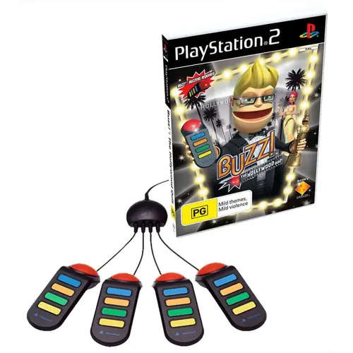 PS2 - Official Sony Buzz Wired Controllers + Buzz The Hollywood Quiz Game