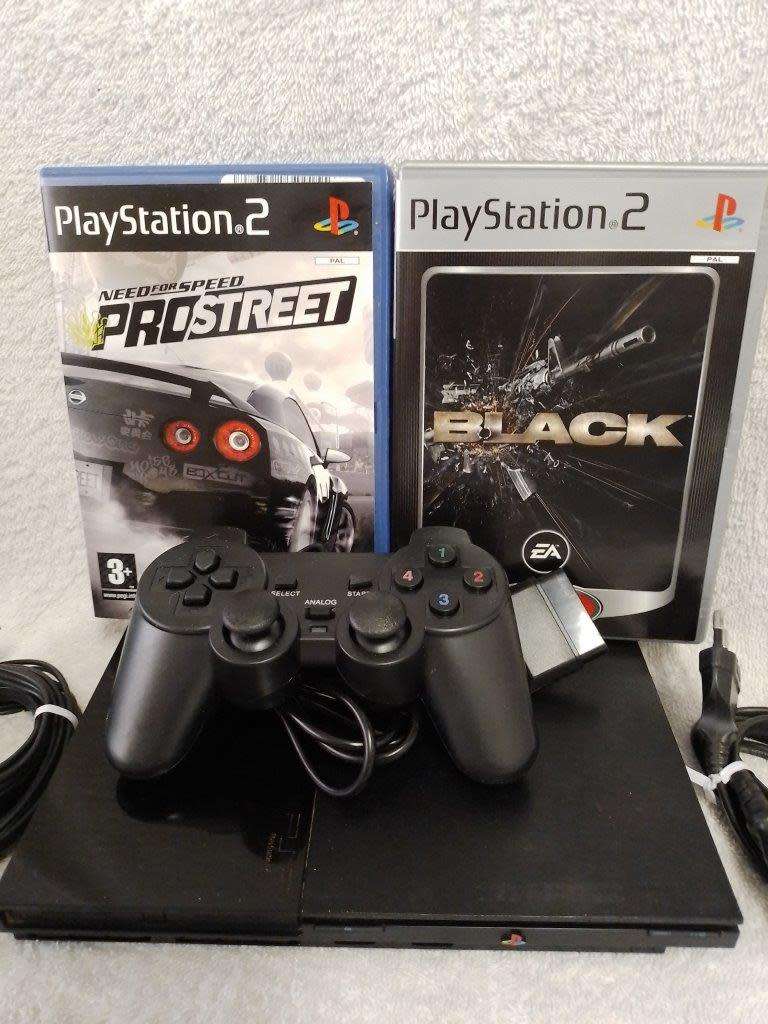Playstation 2 - Black Slim c/w 1 x New Generic Controller, AV Cable & Power Cord + 2 Games