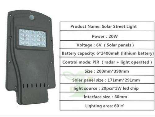 20w LED solar street light Outdoor Waterproof IP65 PIR sensor Smart (note:stick not include)