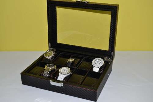 10 SLOT CARBON FIBRE DESIGN Watch Box, Watch Case, Storage Box with Large Compartments